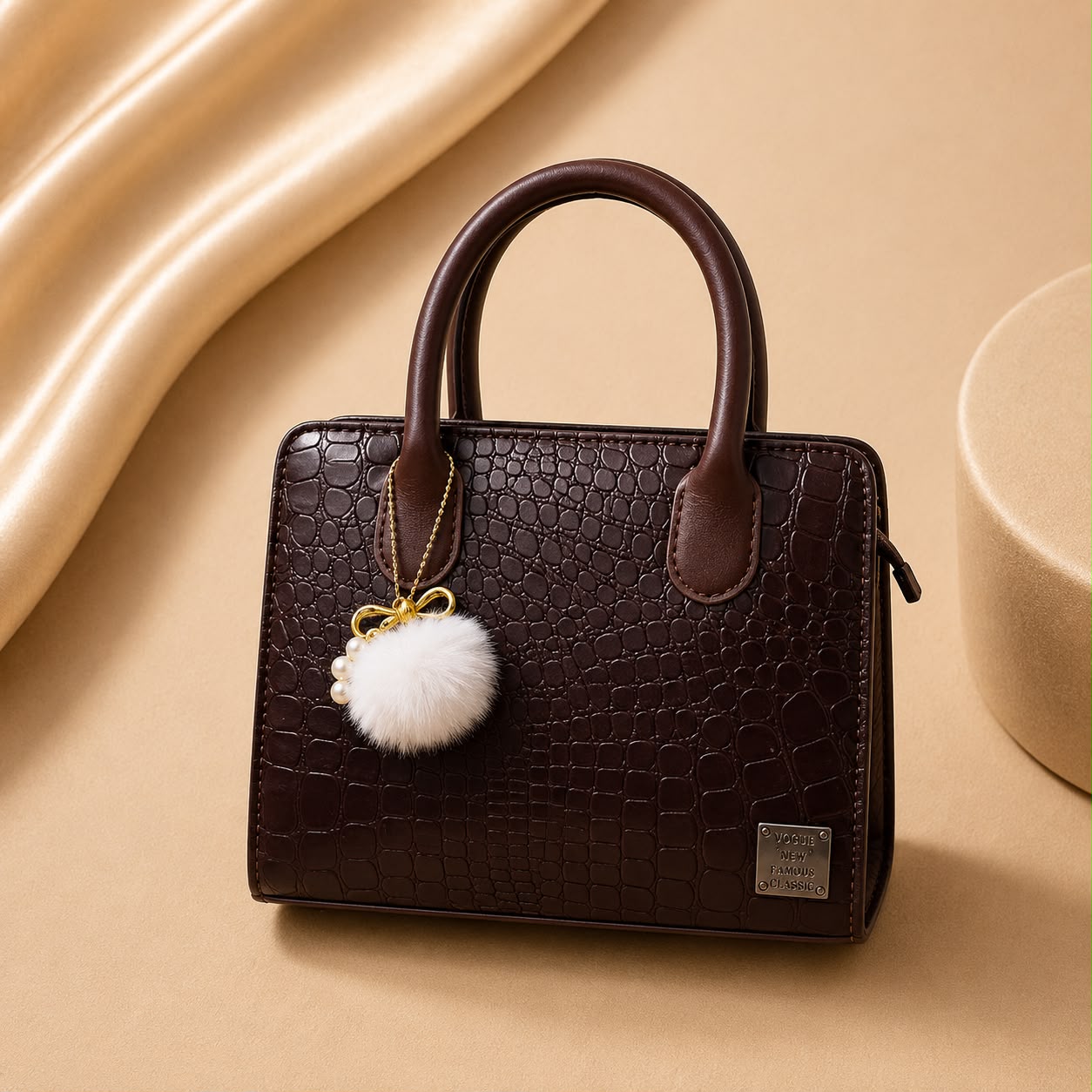 WuZetian Premium Golden Brown Croc-Texture Handbag – Elegant & Everyday Stylish