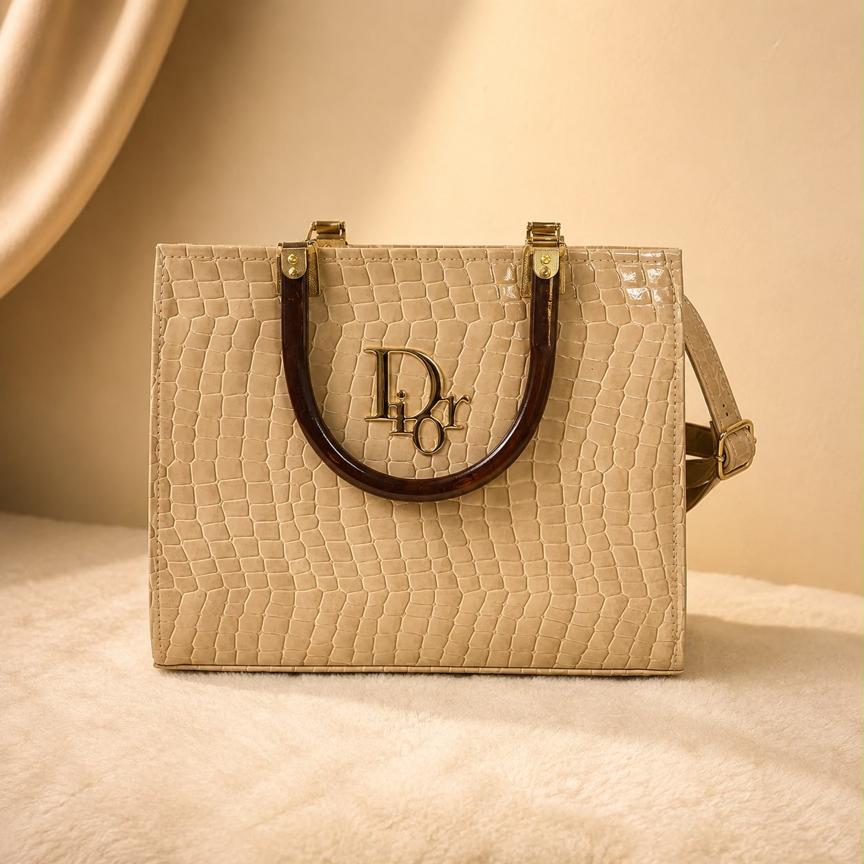WuZetian Luxury Beige Croc-Textured Structured Handbag