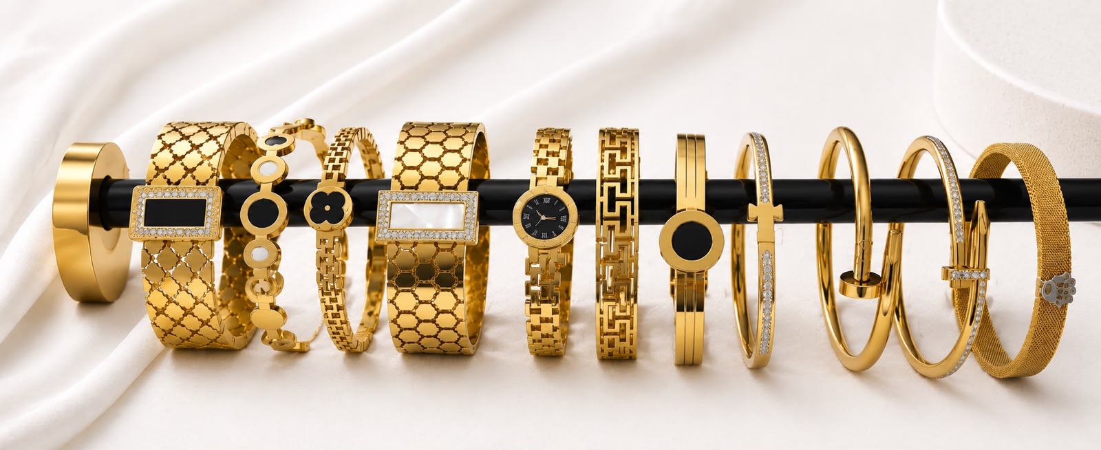 WuZetian Luxury Gold Plated 11-Piece Bracelet Set for Women | Stainless Steel Crystal Bangles