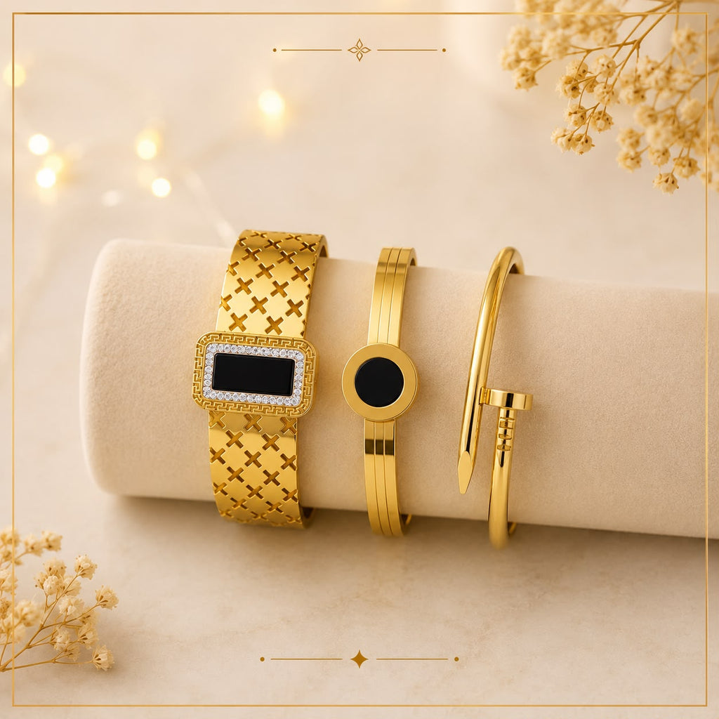 WuZetian's Discount deal of Premium Gold-Finish Rectangular Round Black Stone Gold-Tone Bracelet For Women, Girls 3-Bracelets