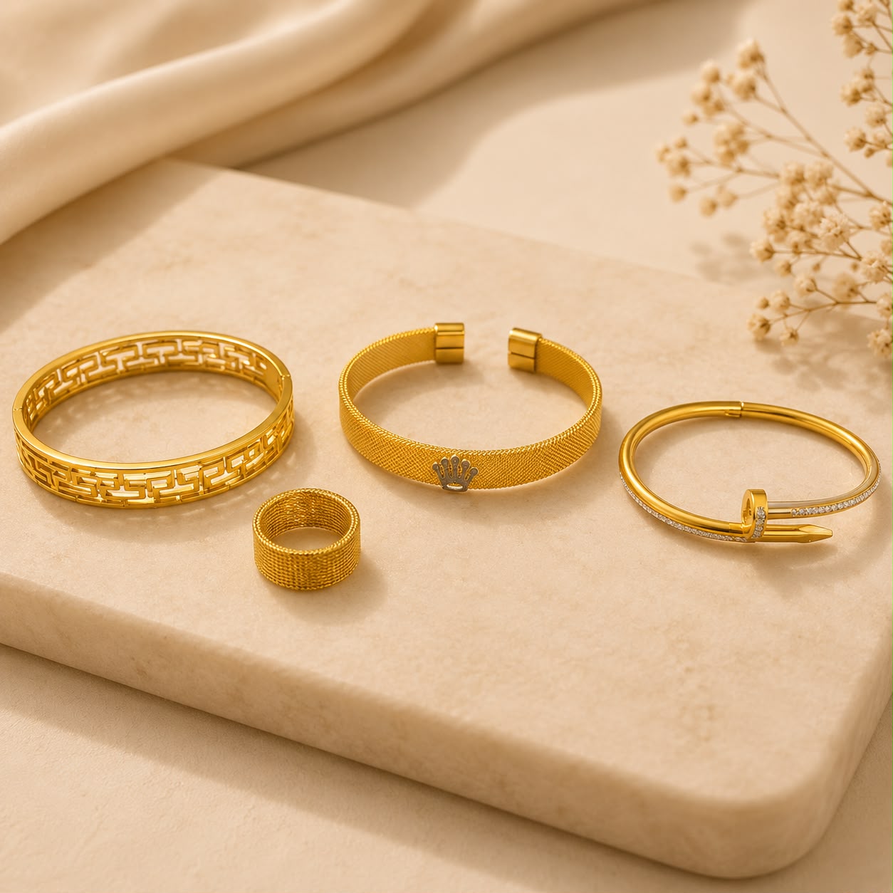 WuZetian's Discount Deal of Premium Gold-Finish 3-Bracelets & 1-Ring