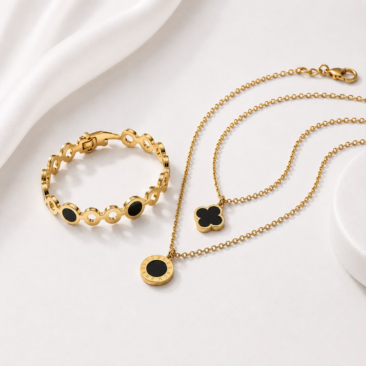 WuZetian Luxury Gold Plated Bracelet & Double Layer Necklace Set for Women | Stainless Steel Jewelry