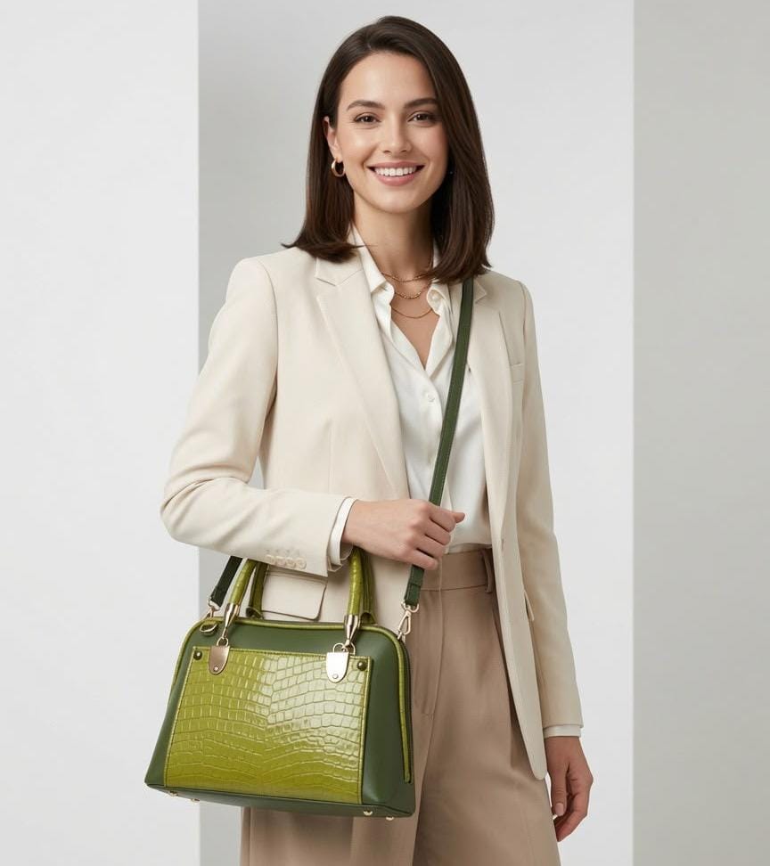 WuZetian Elegant Olive Green Structured Handbag for Women | Top Handle & Shoulder Bag