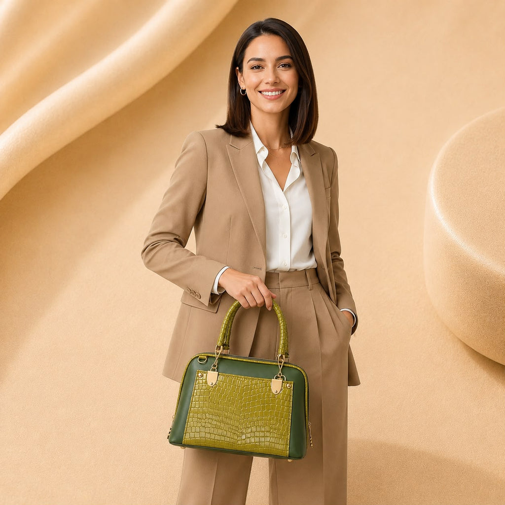 WuZetian Elegant Olive Green Structured Handbag for Women | Top Handle & Shoulder Bag