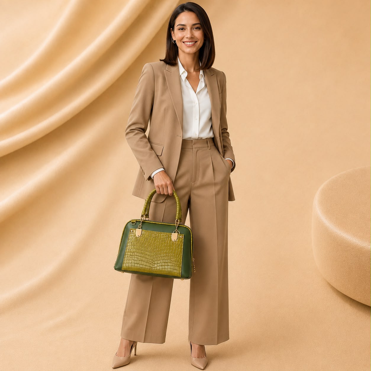 WuZetian Elegant Olive Green Structured Handbag for Women | Top Handle & Shoulder Bag