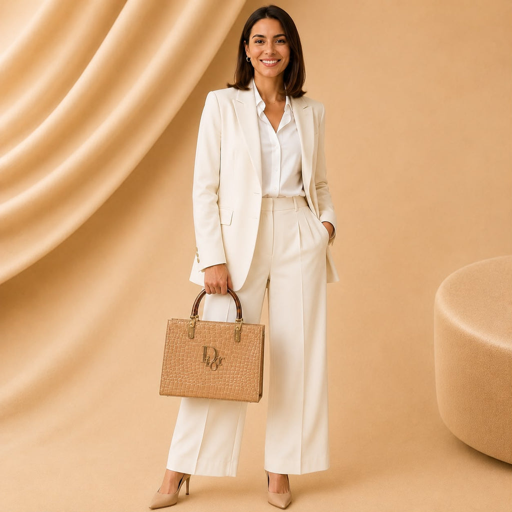 WuZetian Luxury Beige Croc-Textured Structured Handbag