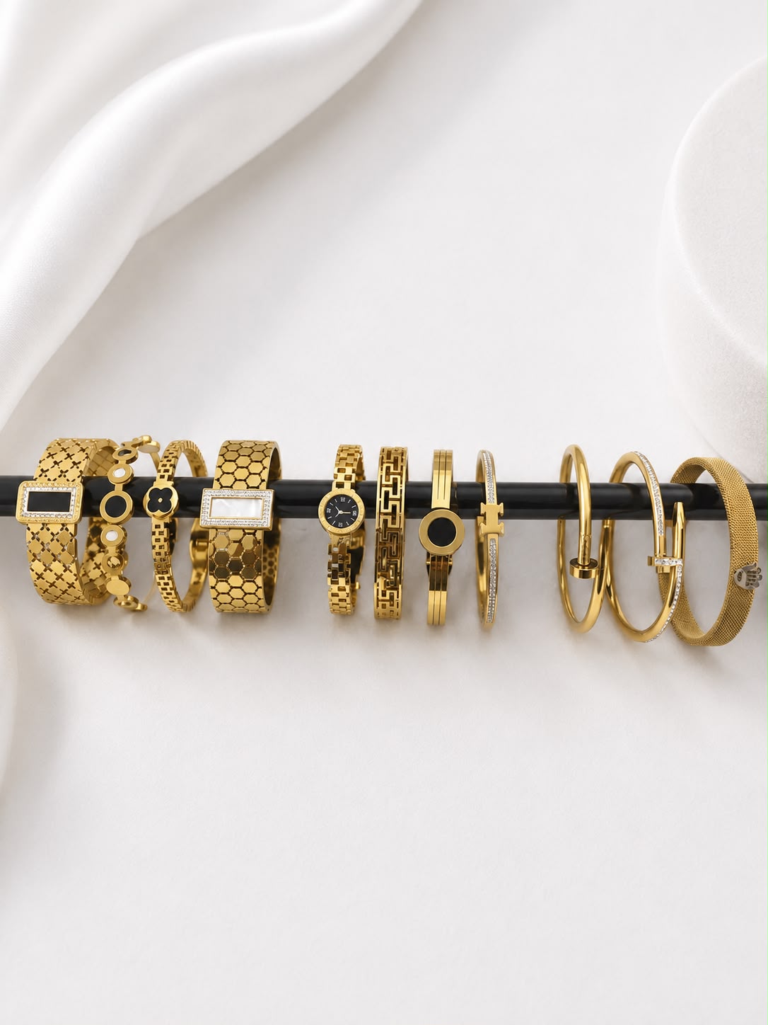 WuZetian Luxury Gold Plated 11-Piece Bracelet Set for Women | Stainless Steel Crystal Bangles