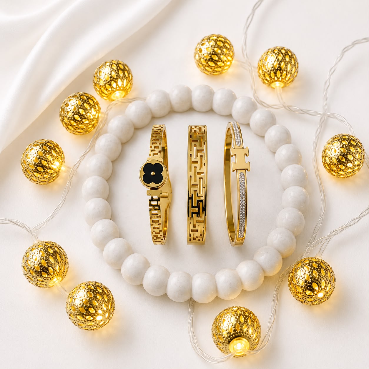 WuZetian Luxury Gold Plated 3-Piece Bracelet Set for Women | Stainless Steel Crystal Bangles