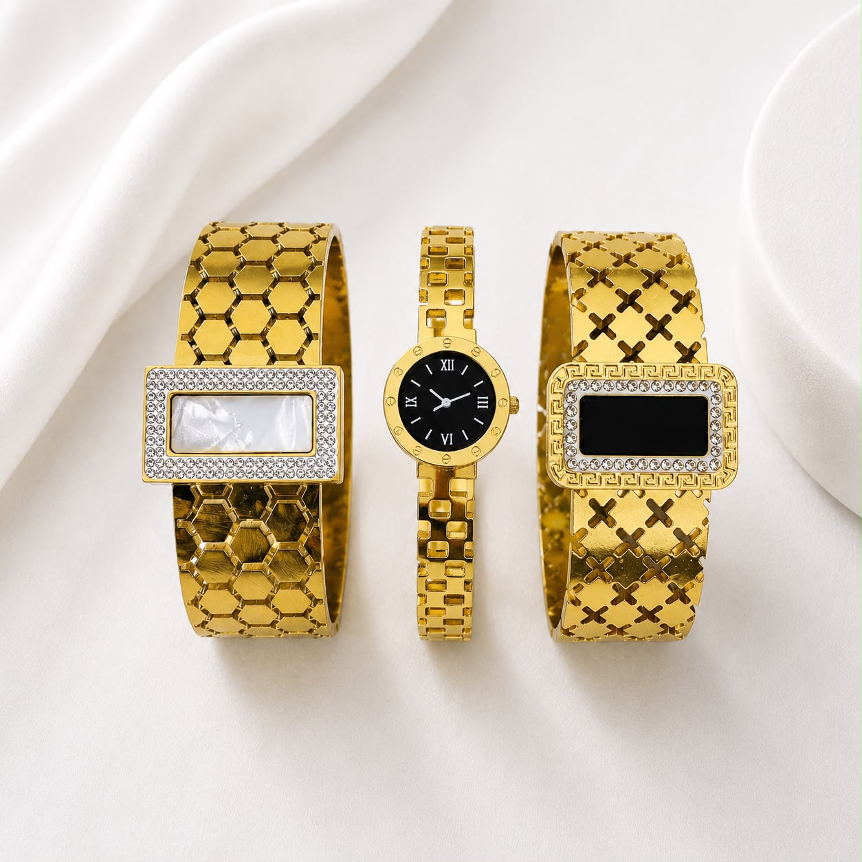 WuZetian Luxury Gold Plated 3-Piece Bracelet Set for Women | Stainless Steel Crystal Bangles