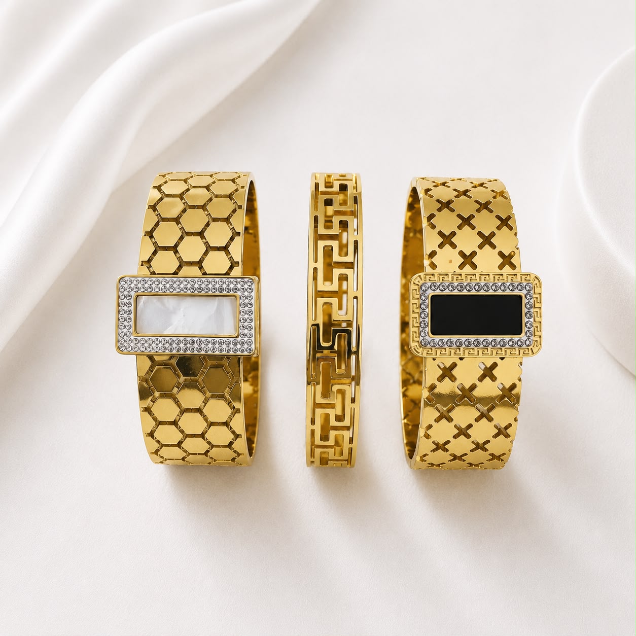 WuZetian Luxury Gold Plated 3-Piece Bracelet Set for Women | Stainless Steel Crystal Bangles