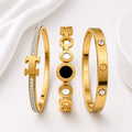 WuZetian Luxury Gold Plated 3-Piece Bracelet Set for Women | Stainless Steel Crystal Bangles