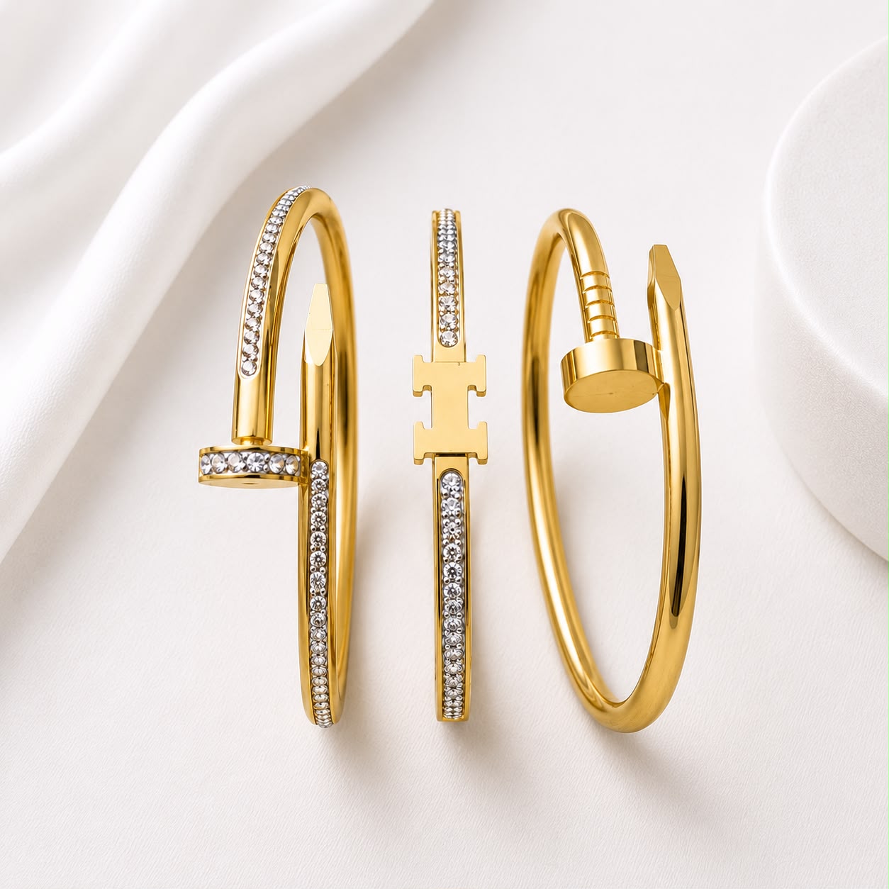 WuZetian Luxury Gold Plated 3-Piece Bracelet Set for Women | Stainless Steel Crystal Bangles